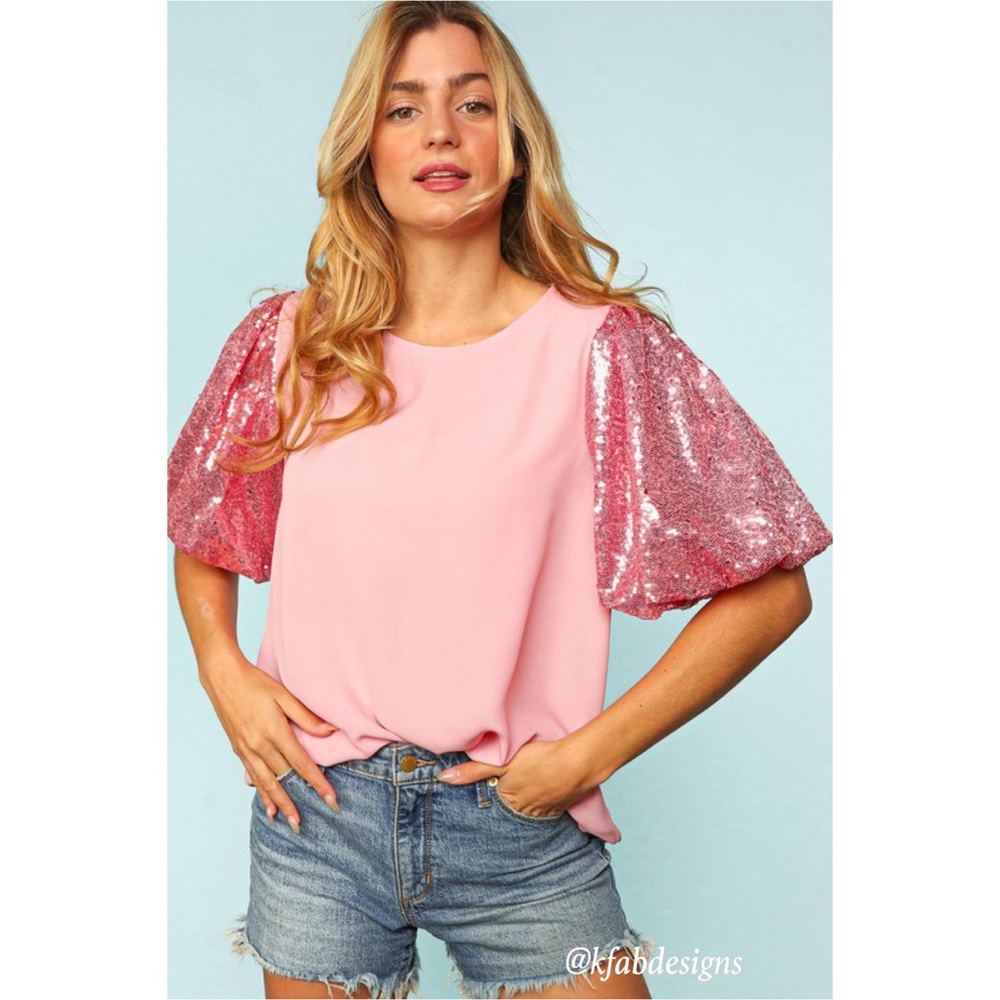 LAST 1! Bubble Gum Pink Puff Sequined Sleeve (Lined Sleeve) Top! - Picture 4 of 10